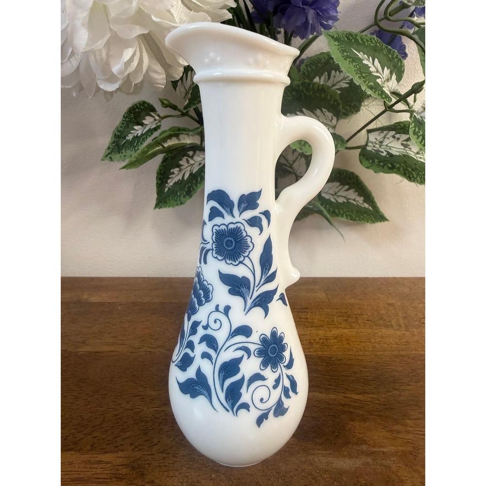 Vintage Avon Milk‎ Glass Bud Vase Blue Floral Tall Pitcher Vase Handle White